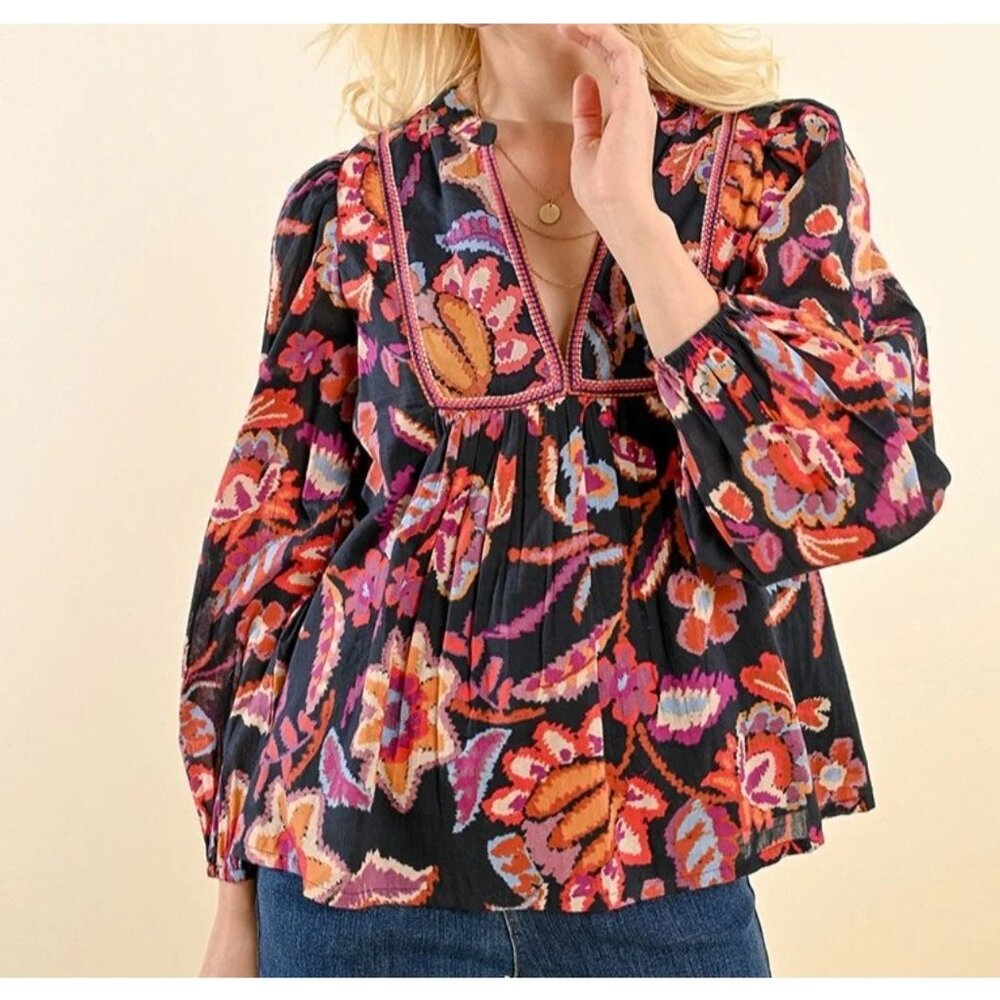 Molly Bracken Floral Blouse Size M V Neck Embroidery Long Sleeve Top Boho - Picture 13 of 13
